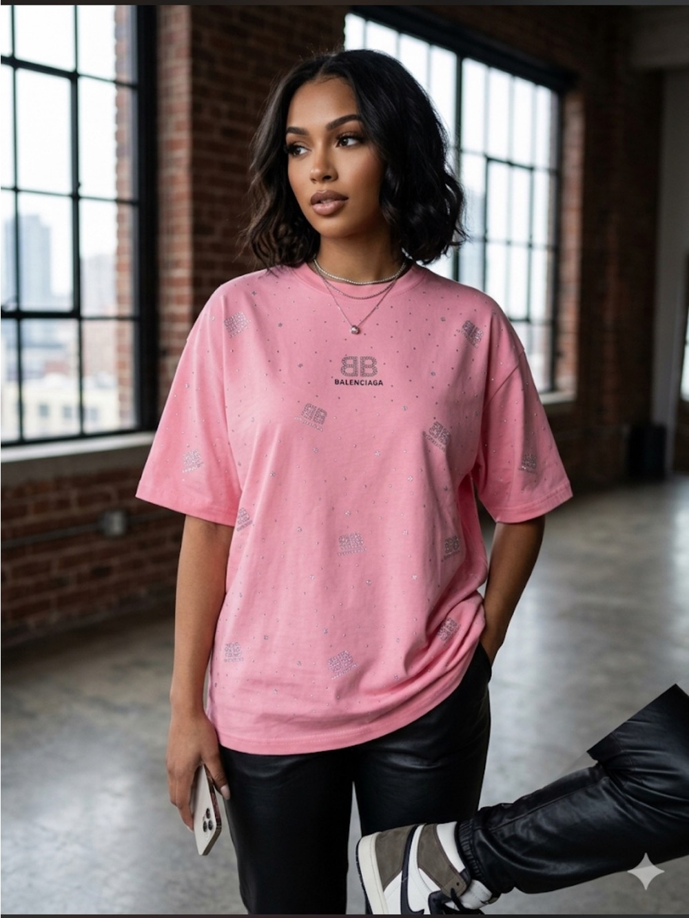 Brand New !! Balenciaga Pink Embellished Logo T-Shirt